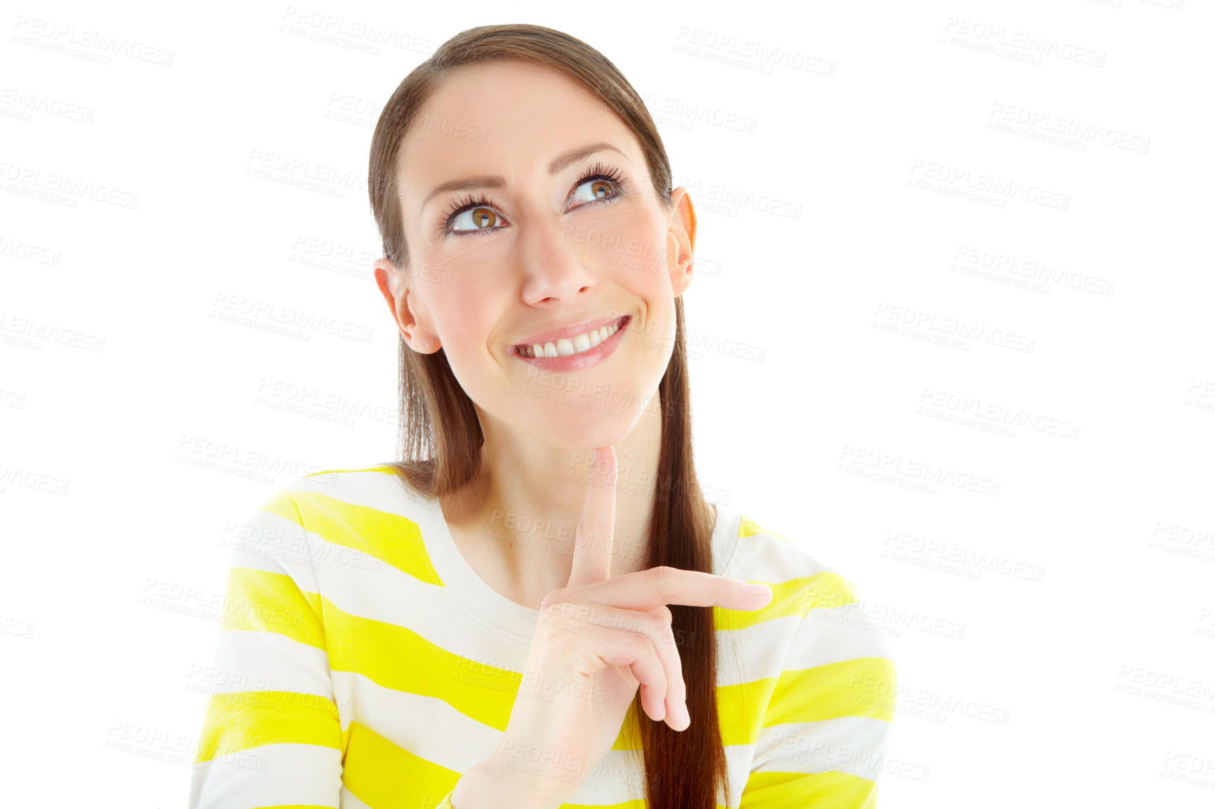 Buy stock photo Pretty young woman smiling while isolated on white and looking away in thought