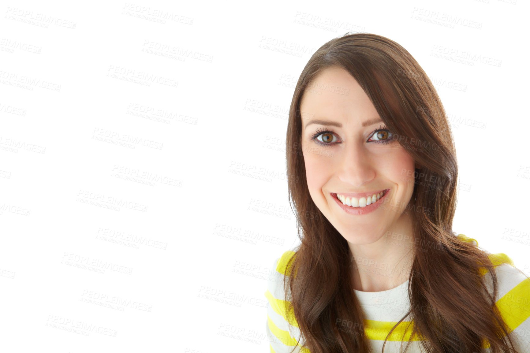 Buy stock photo Portrait of a pretty young woman smiling while isolated on white