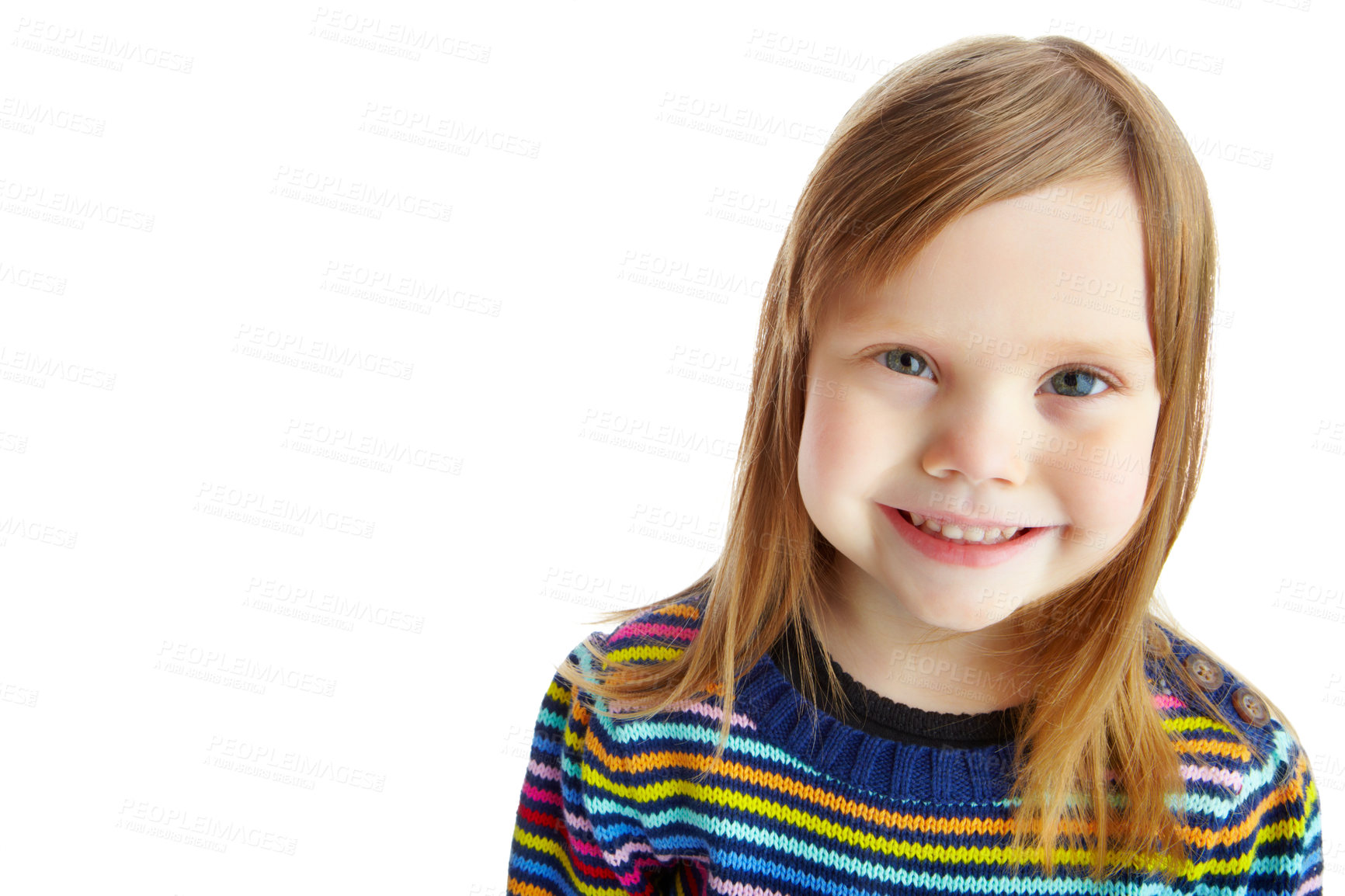 Buy stock photo Portrait of a cute little girl smiling while isolated against a white background