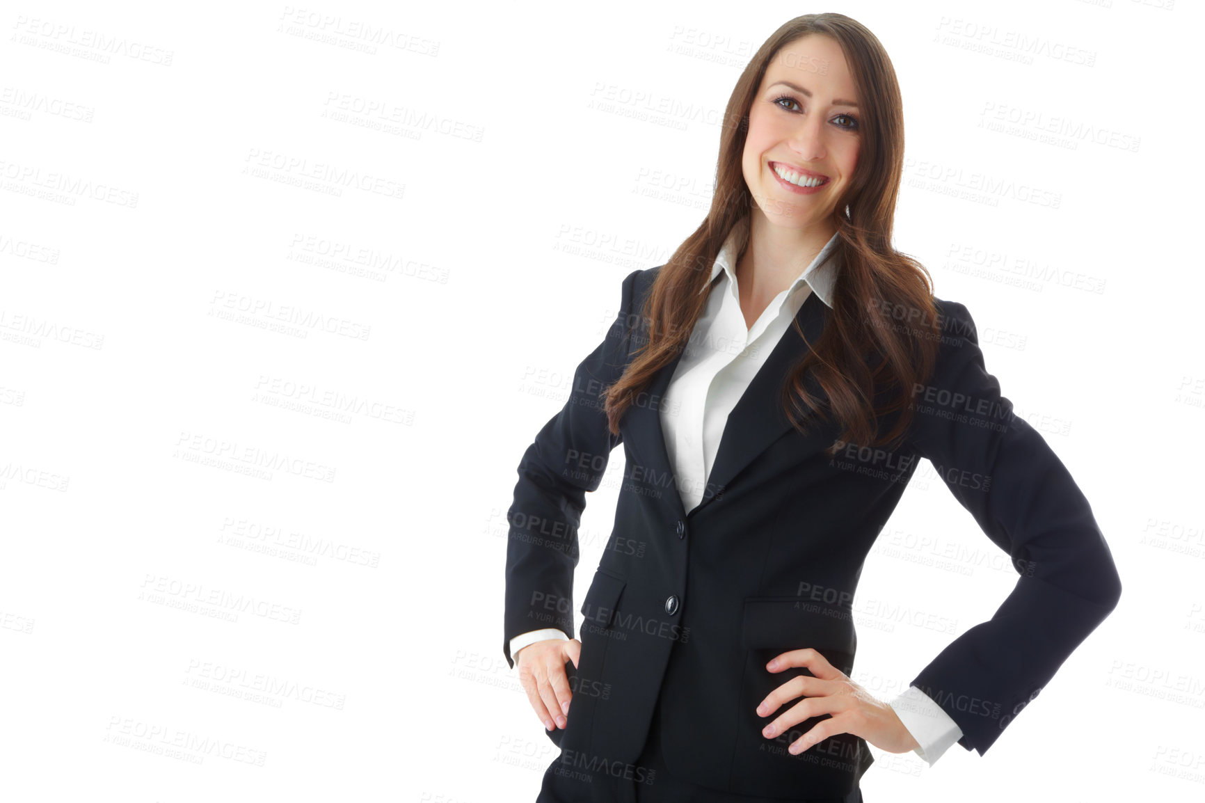 Buy stock photo Studio, businesswoman and lawyer in portrait for corporate, court case and confidence for law firm. Mockup space, female person and attorney with smile for justice, legal aid and white background