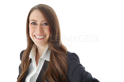 Buy stock photo Portrait, businesswoman and lawyer in studio for corporate, court case and confidence for law firm. Mockup space, female person and attorney with happiness for justice, legal aid and white background