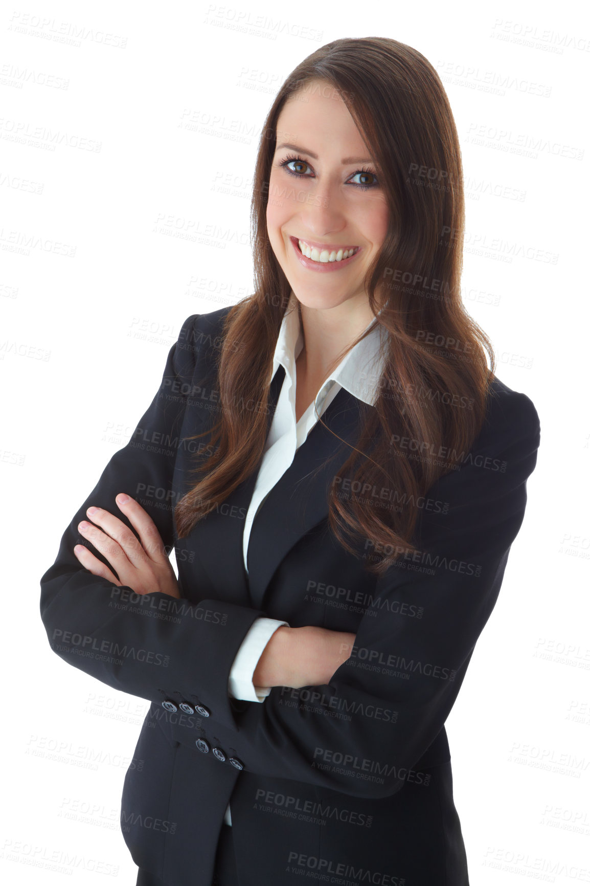 Buy stock photo Arms crossed, portrait ad smile with lawyer woman in studio isolated on white background for legal advice. Consultant, law and proud with confident attorney in suit for court case, hearing or trial