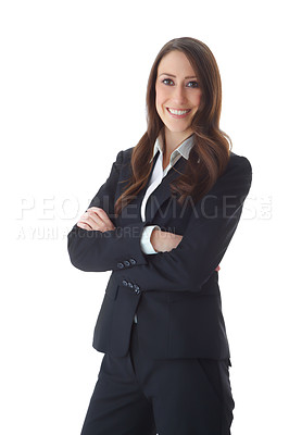 Buy stock photo Arms crossed, portrait ad proud with lawyer woman in studio isolated on white background for legal advice. Consultant, law and smile with confident attorney in suit for court case, hearing or trial