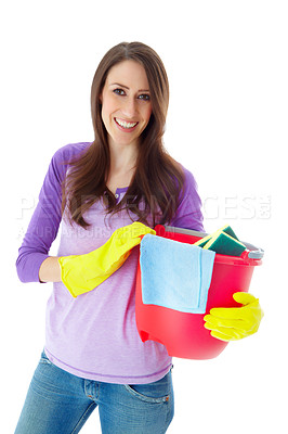 Buy stock photo Woman, cleaner and bucket for hygiene in studio portrait with ppe for dirt by white background. Person, entrepreneur and business owner with plastic container for gloves, cloth or happy with services