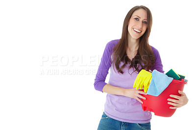 Buy stock photo Woman, cleaner and bucket in studio portrait with mockup space for hygiene by white background. Person, entrepreneur and business owner with plastic container for gloves, cloth or happy with services