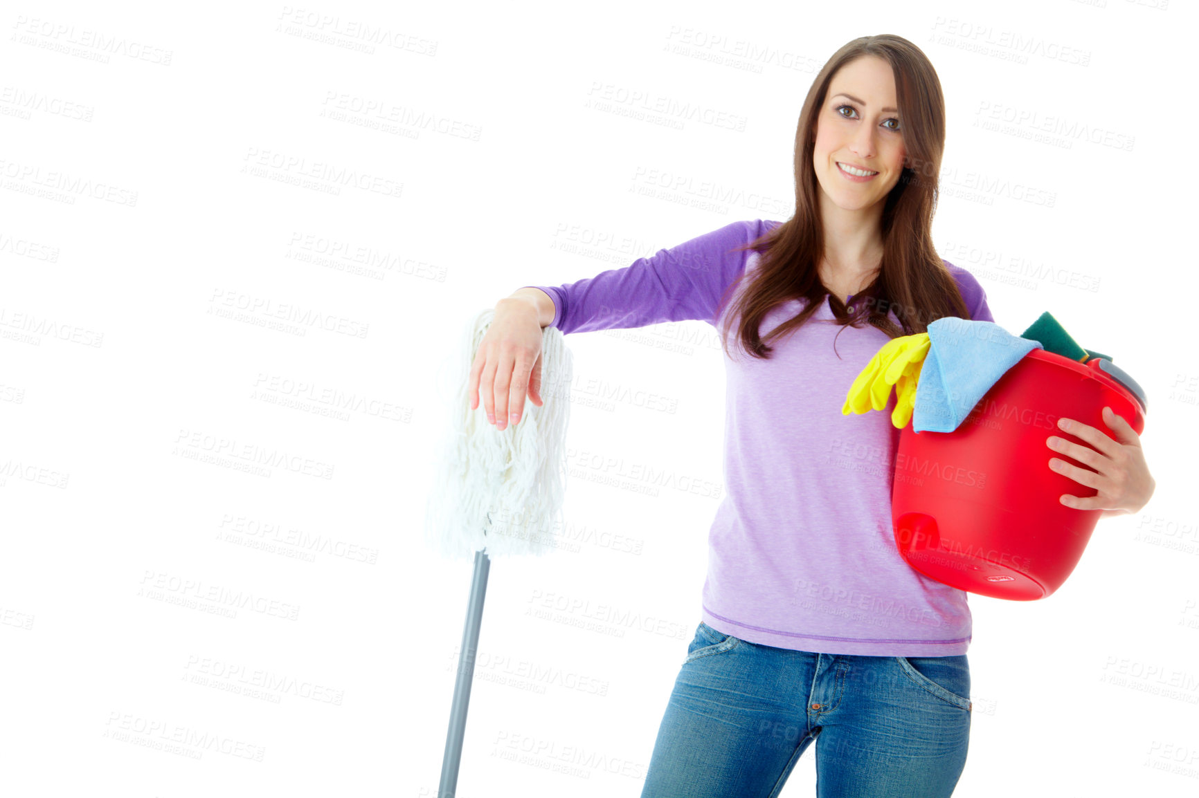 Buy stock photo Woman, cleaner and bucket with mop in studio portrait with mockup space for hygiene by white background. Person, entrepreneur and business owner with plastic container for gloves, smile or services