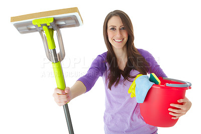 Buy stock photo Woman, happy and mop in studio portrait with bucket for hygiene, cloth and dirt by white background. Cleaner, entrepreneur and business owner with plastic container for gloves, smile and services