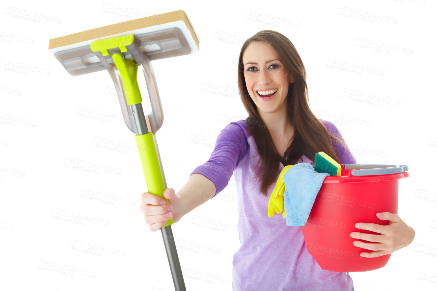 Buy stock photo Woman, smile and mop in studio portrait with bucket for hygiene, cloth and dirt by white background. Cleaner, entrepreneur and business owner with plastic container for gloves, happy and services