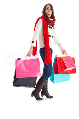 Buy stock photo Purchase, excited and woman with bags, studio and happy for shopping in mockup, shopper and discount. White background, space and customer of fashion in retail, person and smile for sale and luxury