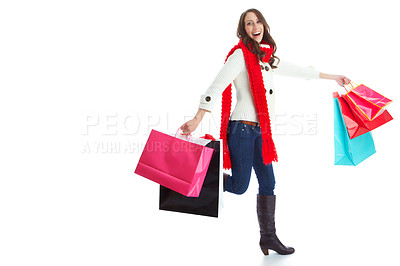 Buy stock photo Portrait, woman and bag from shopping in studio for retail discount, giveaway promotion and store sales. Excited, female person and customer with package gift, luxury fashion and white background