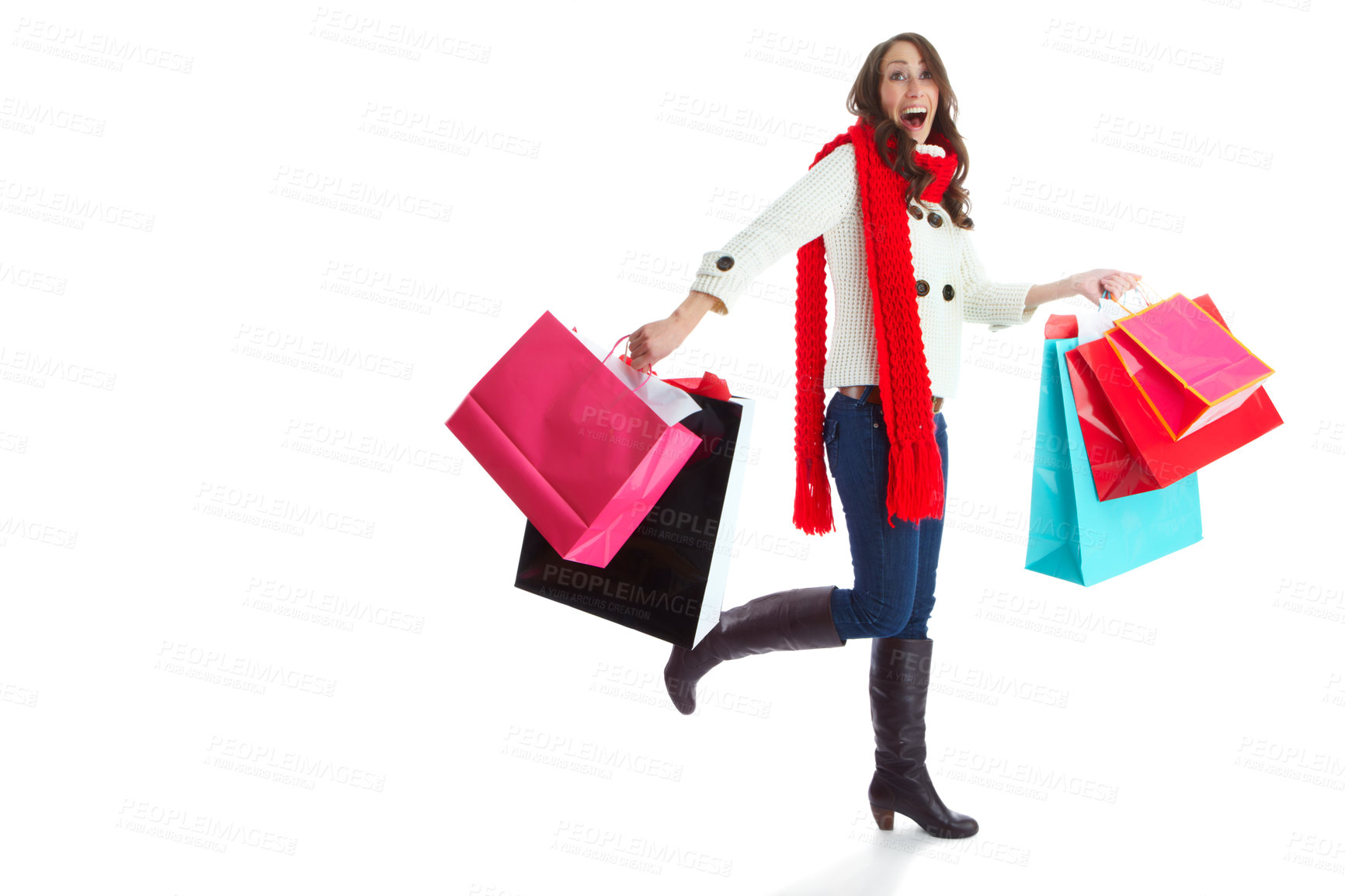 Buy stock photo Purchase, winter and woman with bags, studio and happy for shopping in mockup, shopper and discount. White background, space and customer of fashion in retail, person and excited for sale and luxury