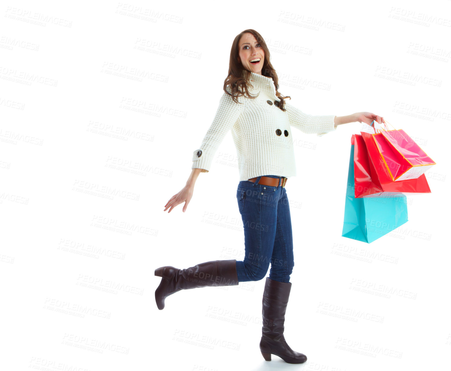 Buy stock photo Shopping, smile and woman with bags, studio and excited for purchase in mockup, shopper and discount. White background, space and customer of fashion in retail, person and happy with sale  and luxury