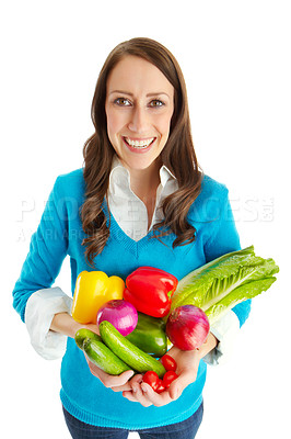 Buy stock photo Woman, vegetables and smile in studio portrait for health, diet and nutrition by white background. Person, happy and organic produce for benefits, groceries and variety with choice for detox in Italy