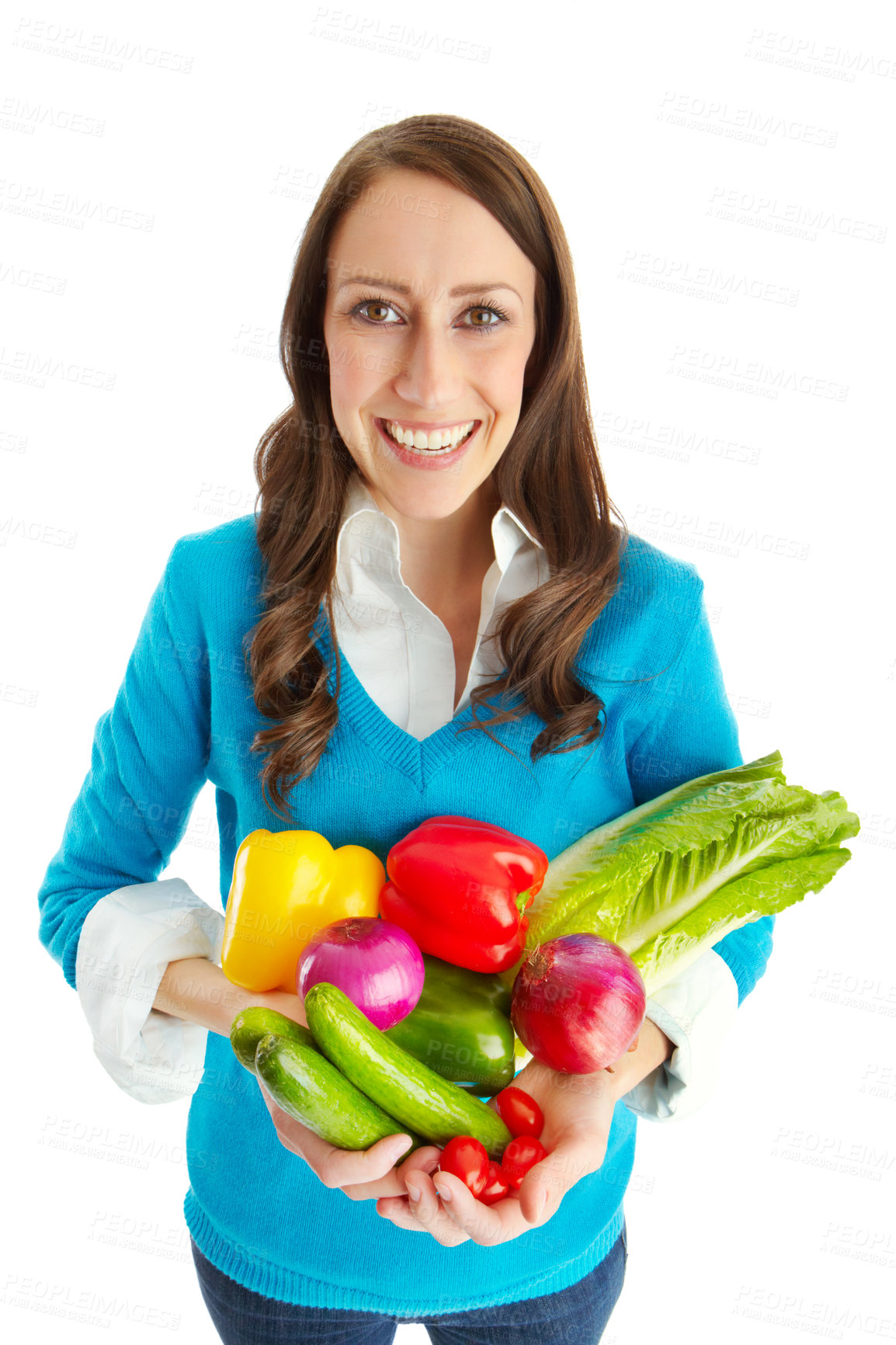 Buy stock photo Woman, vegetables and smile in studio portrait for health, diet and nutrition by white background. Person, happy and organic produce for benefits, groceries and variety with choice for detox in Italy