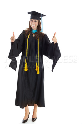 Buy stock photo Woman, graduation and happy with thumbs up in studio portrait for success, goal or win by white background. Person, university student and smile for learning, education or celebration for achievement