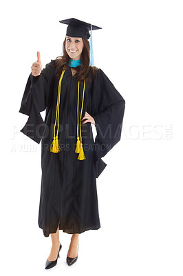 Buy stock photo Woman, graduation and success with thumbs up in studio portrait for smile, goal or win by white background. Person, university student and happy for learning, education or celebration for achievement