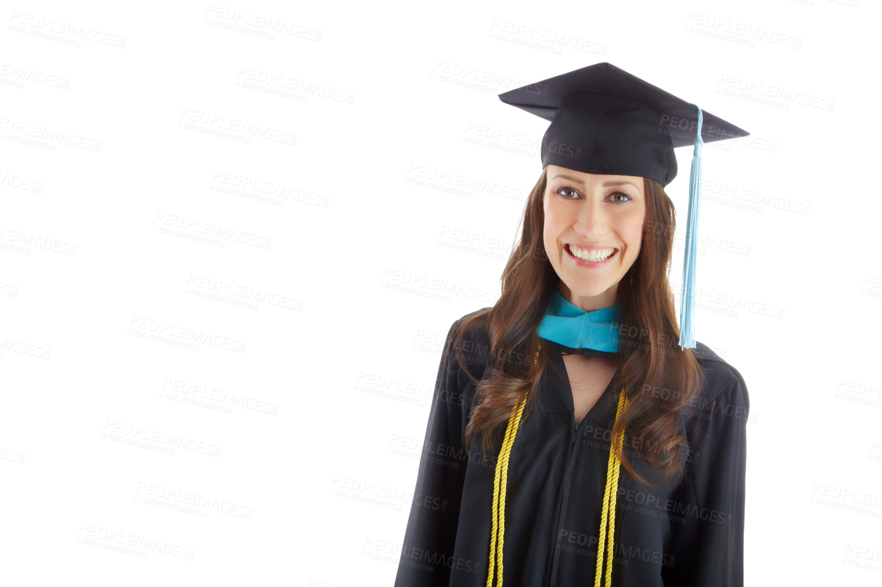 Buy stock photo Woman, graduation and success in studio portrait for smile, scholarship or mockup space by white background. Person, college student and happy for learning, education or celebration for achievement