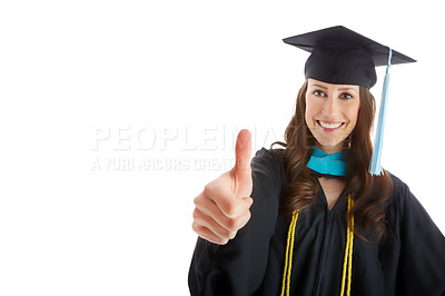 Buy stock photo Woman, graduation and excited with thumbs up in studio portrait with mock up space by white background. Person, university student and happy for learning, education and celebration for achievement