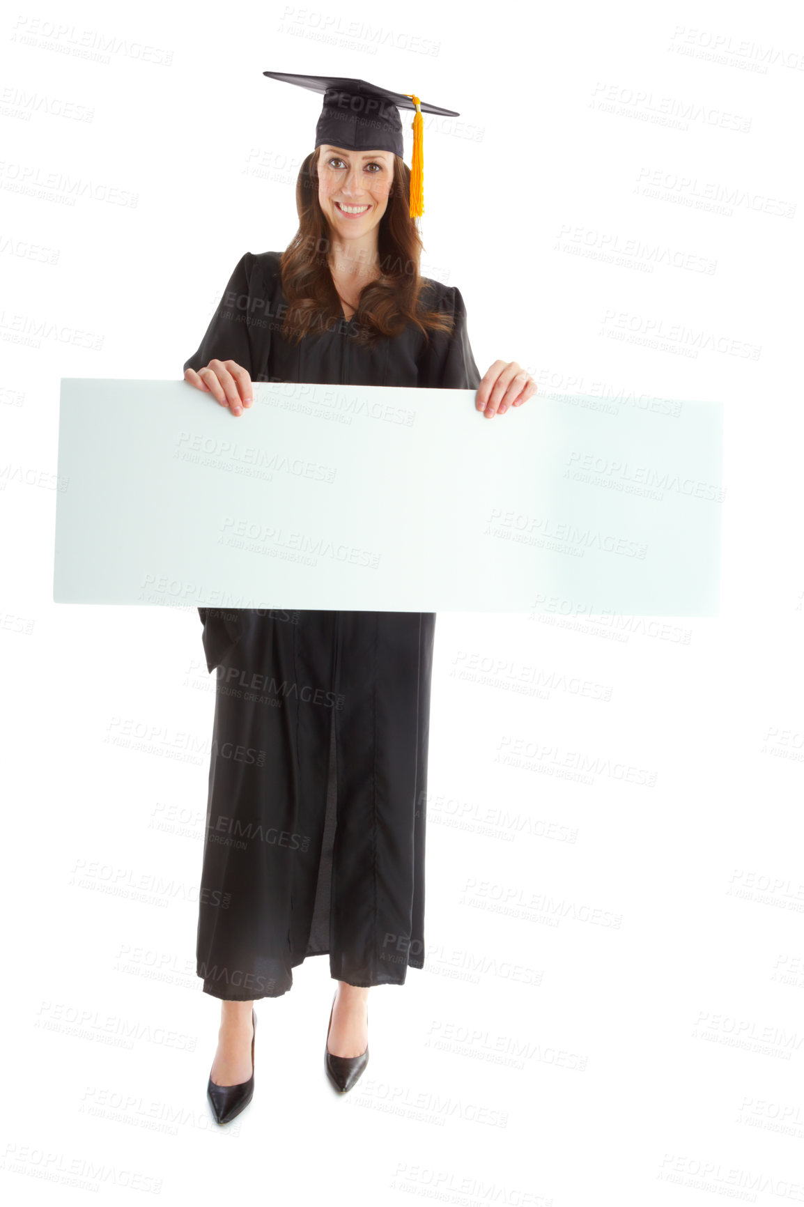 Buy stock photo Woman, graduation and poster with success in studio portrait with mock up space by white background. Person, university student and blank board for learning, education and celebration for achievement