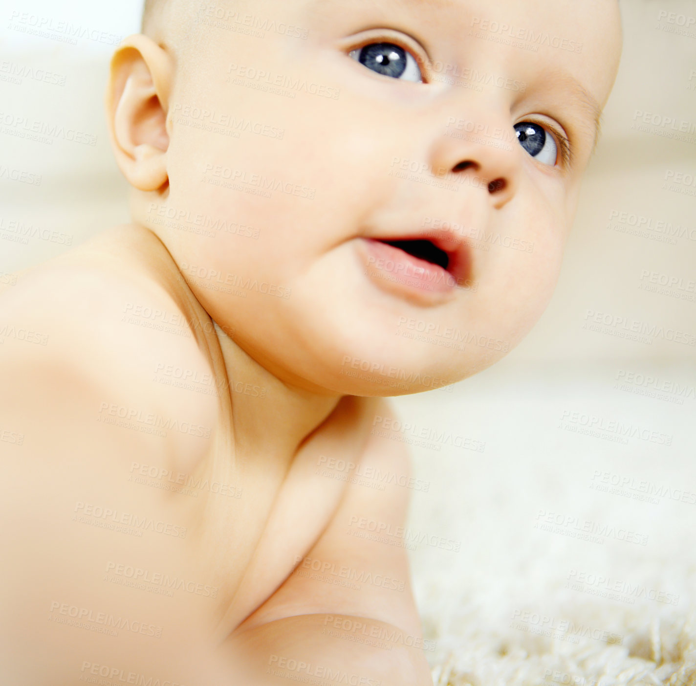 Buy stock photo Cute little baby boy looking around with wonder