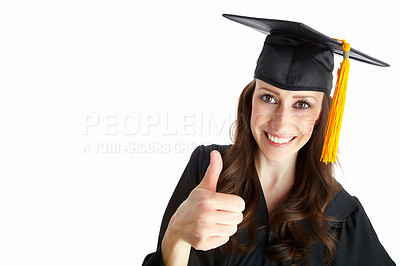 Buy stock photo Woman, graduation and achievement with thumbs up in studio portrait with mock up space by white background. Person, university student or like emoji for learning, education or celebration for success