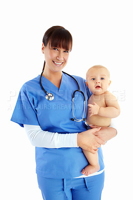 Buy stock photo Nurse, portrait and woman with baby in studio isolated on white background. Face, healthcare and happy medical professional, physician or female pediatrician holding child, kid or toddler at hospital