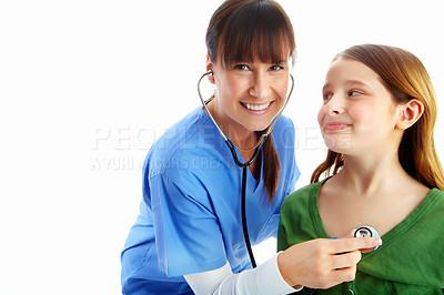 Buy stock photo Woman, stethoscope and child consulting nurse in studio isolated on a white background mockup. Face portrait, healthcare and cardiologist or happy female pediatrician checking heart health of girl.