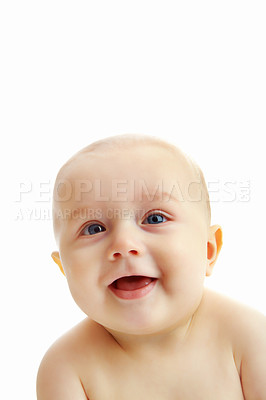 Buy stock photo Cute and curious baby boy isolated against a white background