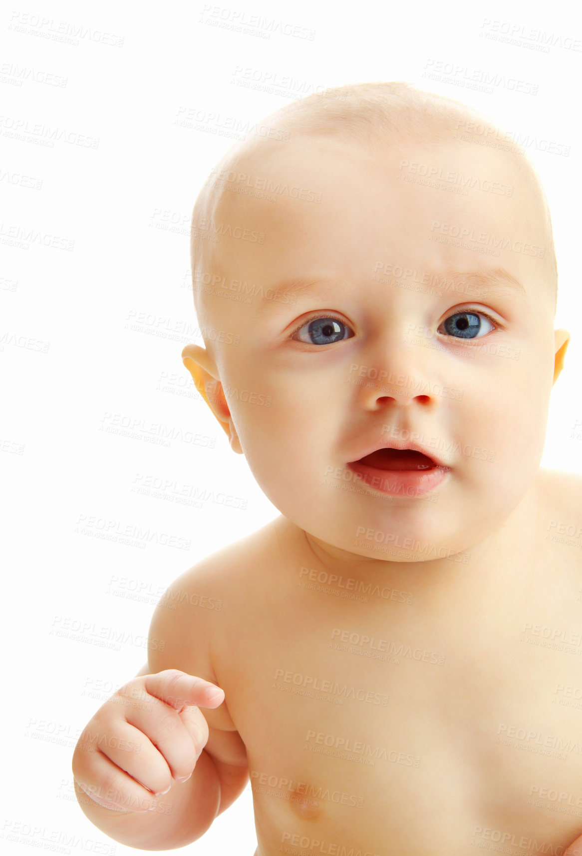 Buy stock photo Cute and curious baby boy isolated against a white background