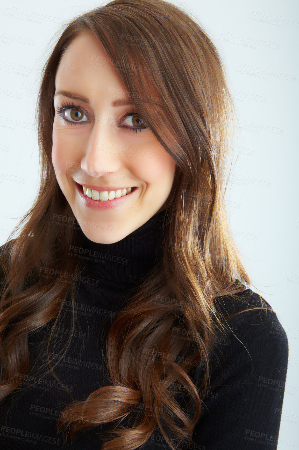 Buy stock photo Cropped view of a gorgeous brunette smiling and looking at you