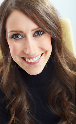 Buy stock photo Cropped view of a gorgeous brunette smiling and looking at you