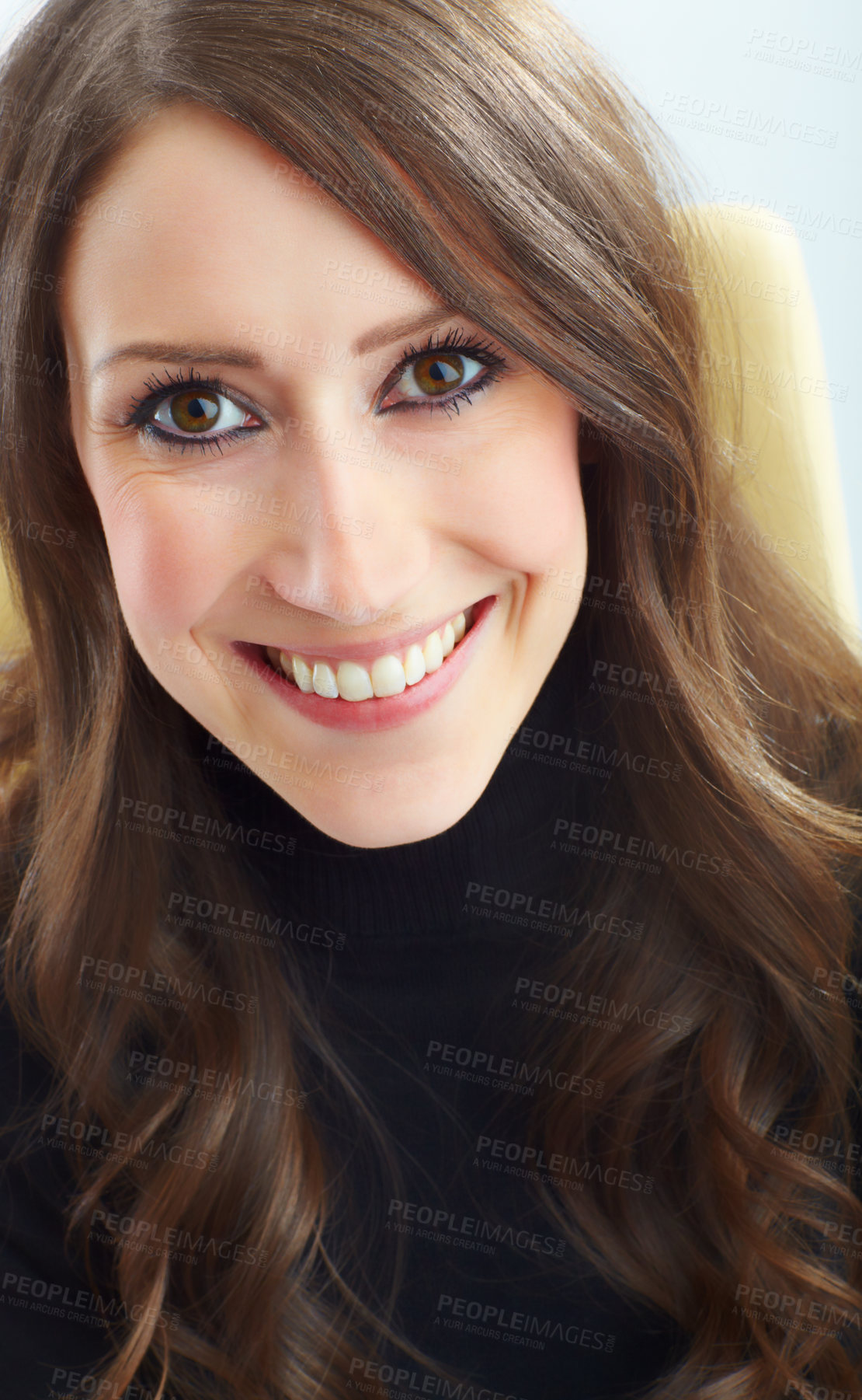 Buy stock photo Cropped view of a gorgeous brunette smiling and looking at you