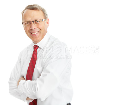 Buy stock photo Portrait, business man and arms crossed in studio isolated on a white background mockup. Face, ceo and mature, proud and happy male entrepreneur from Canada with vision, mission and success mindset.