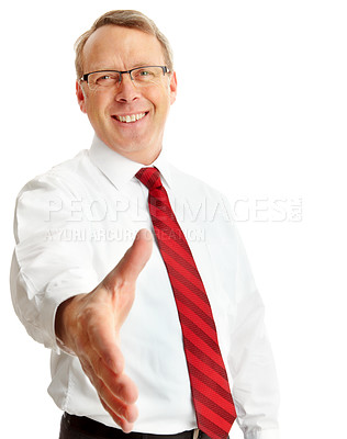 Buy stock photo Portrait, business man and handshake in studio isolated on a white background. Face, greeting and male entrepreneur shaking hands for deal, agreement or contract, onboarding or welcome introduction.