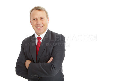 Buy stock photo Arms crossed, face portrait and business man in studio isolated on a white background mockup. Boss, ceo and mature, proud and happy male employee from Canada with vision, mission or success mindset.