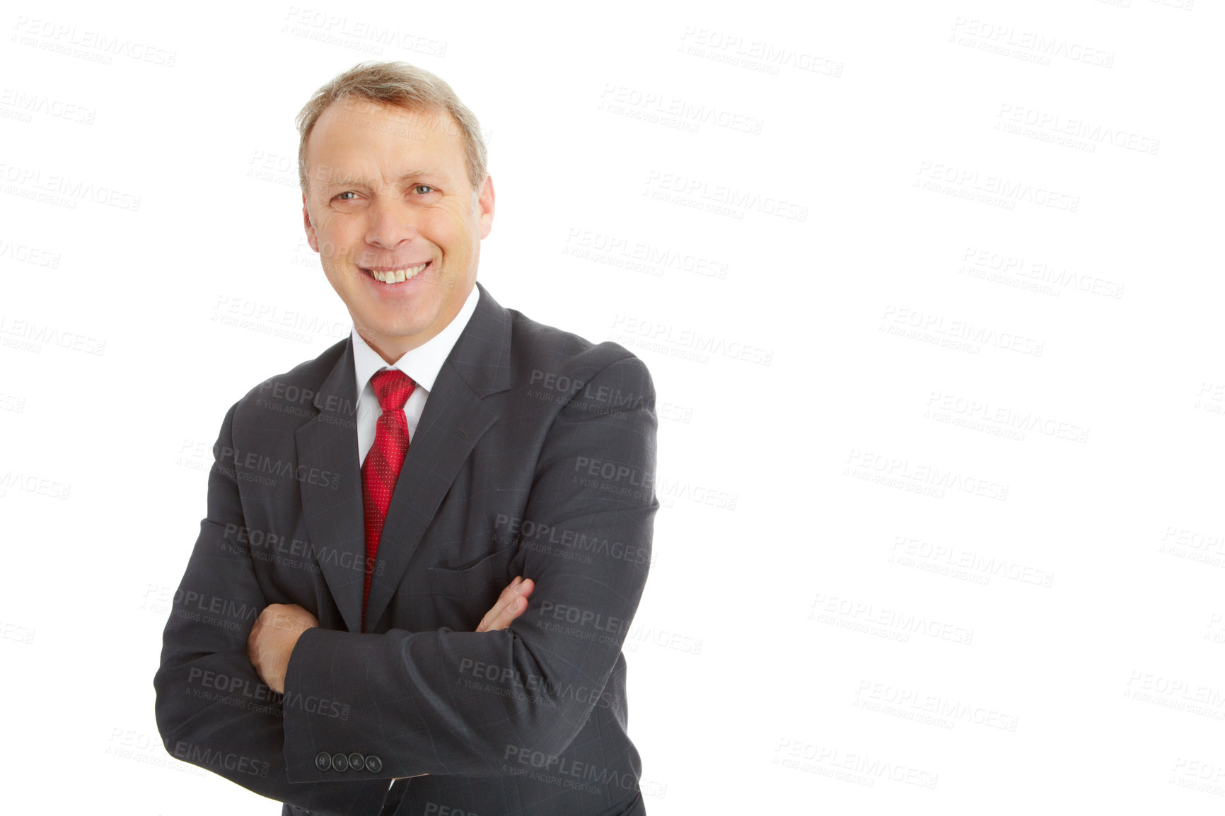 Buy stock photo Arms crossed, face portrait and business man in studio isolated on a white background mockup. Boss, ceo and mature, proud and happy male employee from Canada with vision, mission or success mindset.