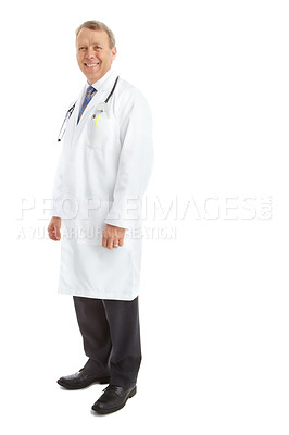 Buy stock photo Portrait, healthcare doctor and man in studio isolated on a white background mockup. Wellness, health care and happy, confident and mature male medical professional from Canada standing in hospital.