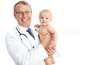 Buy stock photo Portrait, doctor and man with baby in studio isolated on a white background mockup. Face, healthcare and happy medical worker, physician and mature male pediatrician holding infant, kid or toddler.