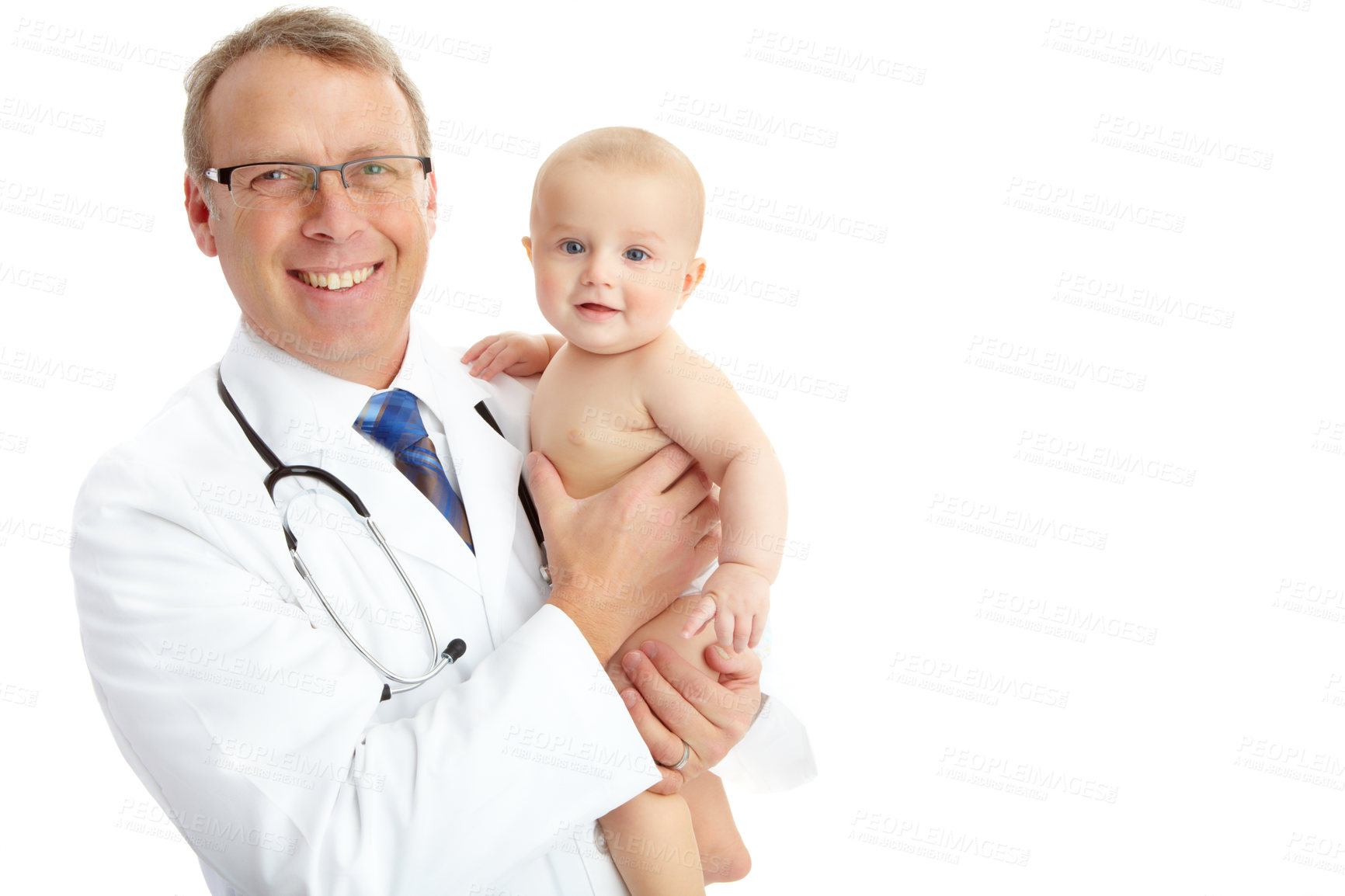 Buy stock photo Portrait, doctor and man with baby in studio isolated on a white background mockup. Face, healthcare and happy medical worker, physician and mature male pediatrician holding infant, kid or toddler.