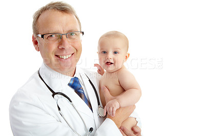 Buy stock photo Face, doctor and man with baby in studio isolated on a white background mockup. Portrait, healthcare and happy medical worker, physician and mature male pediatrician holding infant, kid or toddler.