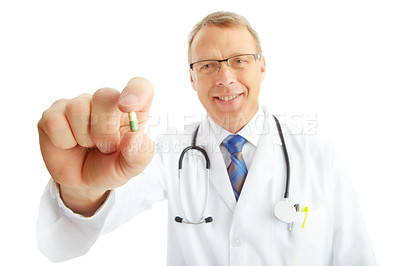 Buy stock photo Face, doctor and man with pills in studio isolated on a white background. Portrait, healthcare and happy medical worker, pharmacist and mature male holding drug medicine, medication or capsule remedy