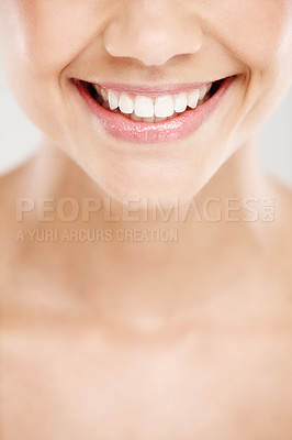 Buy stock photo Cropped closeup of a young woman with great skin and a beautiful smile