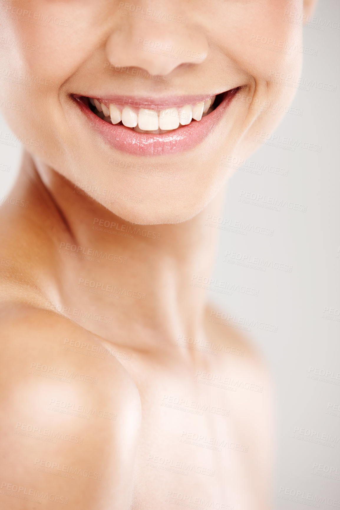 Buy stock photo Woman, mouth and teeth whitening smile in studio, orthodontics and braces results on white background. Female person, dental insurance and cosmetics transformation for self care, bleach and oral