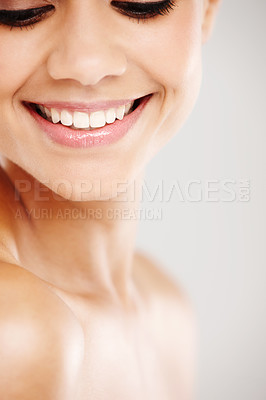 Buy stock photo Skincare, smile and face of woman in studio for facial treatment, wellness and cosmetics. Dermatology, salon and closeup of happy person with teeth whitening, beauty and oral care on white background