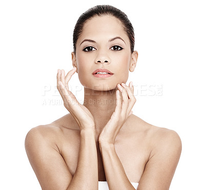 Buy stock photo Skincare, facial and portrait of woman in studio for beauty treatment, wellness and spa cosmetics. Dermatology, salon and face of isolated person with skin glow, touch and makeup on white background