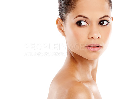 Buy stock photo Skincare, mockup space and face of woman in studio for facial treatment, wellness and spa cosmetics. Dermatology, salon and isolated person with skin glow, beauty and makeup on white background