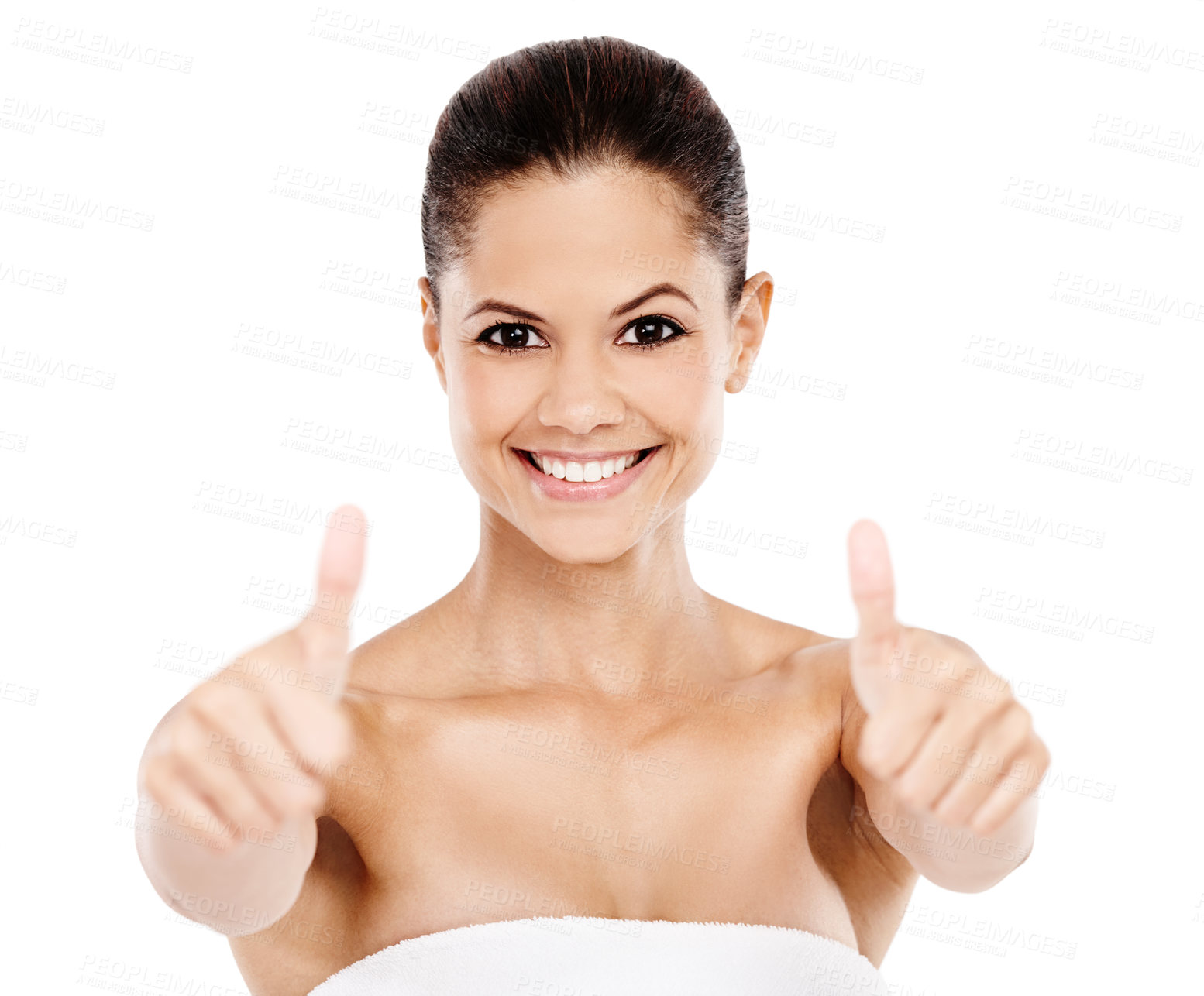 Buy stock photo A stunning young woman giving you two thumbs up while isolated on a white background