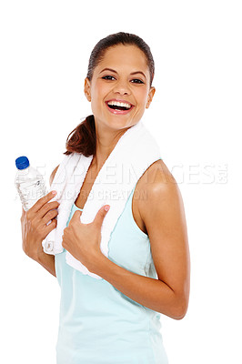 Buy stock photo A excited young woman holding a water bottle after an invigorating workout