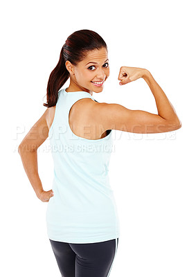 Buy stock photo A gorgeous young woman glancing over her shoulder and pulling her bicep