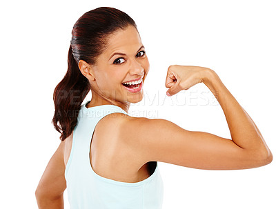 Buy stock photo A gorgeous young woman glancing over her shoulder and pulling her bicep